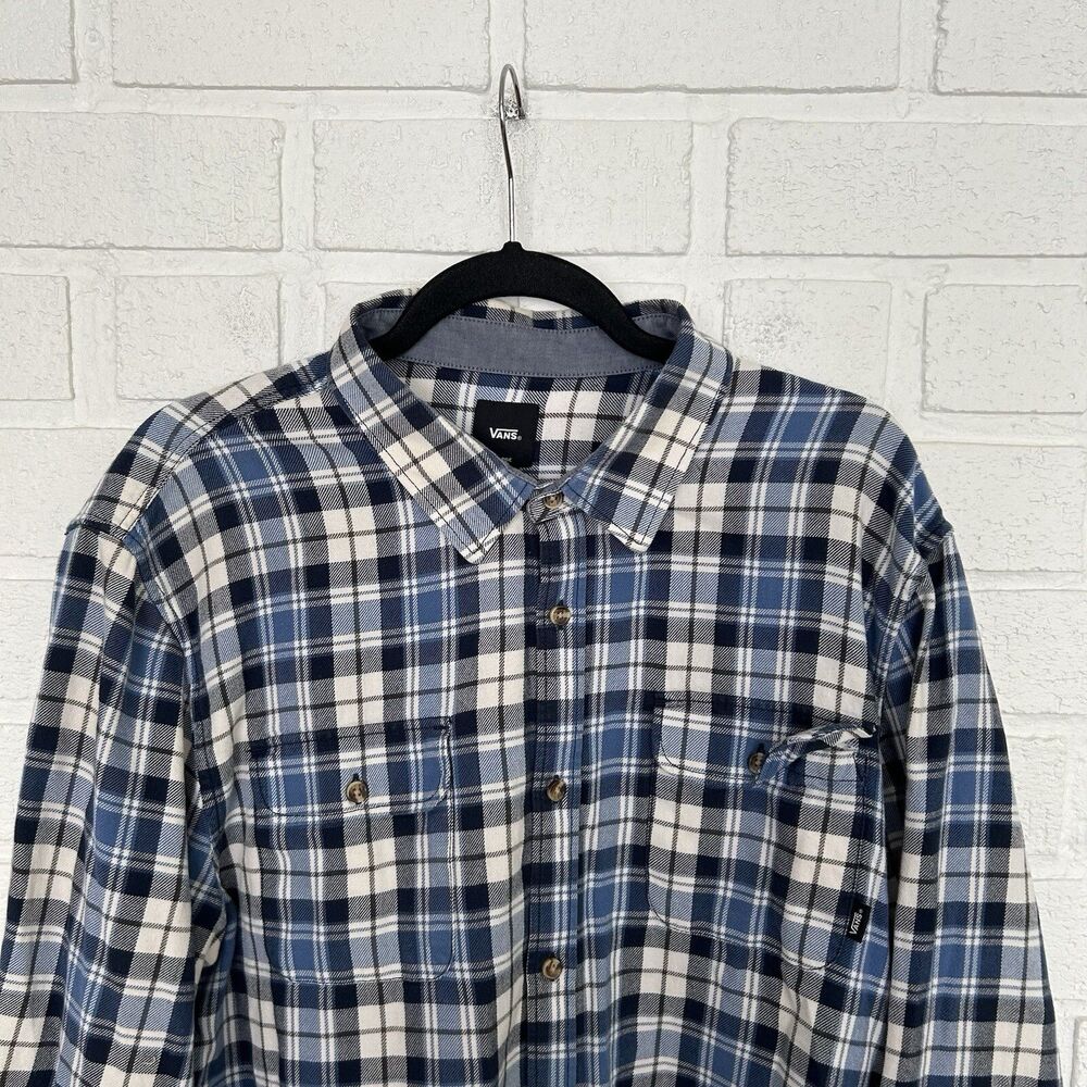 Vans Button Up Shirt Mens XL Blue Plaid Double Button Cuff Classic Fit